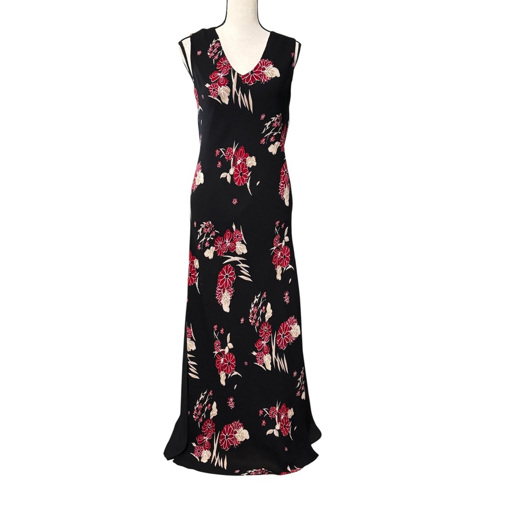 Lily Black Red Floral Chiffon Maxi Dress Sz L Sleeveless V-Neck Godet Hem